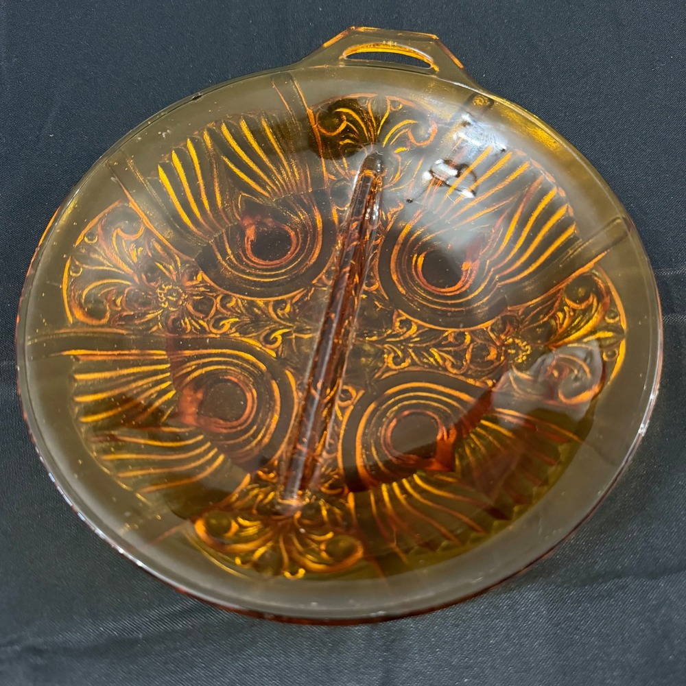 Vintage Amber Depression Glass Peacock Feather Divided Relish Dish Serving Plate